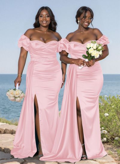 Puffy Off-Shoulder Satin Bridesmiad Dresses With Sweeping Side Drape