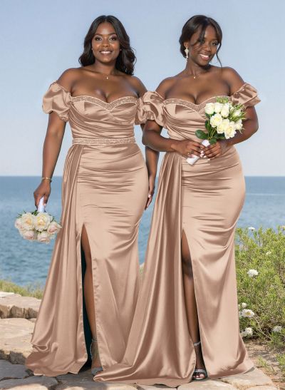 Puffy Off-Shoulder Stretch Satin Bridesmiad Dresses With Sweeping Side Drape