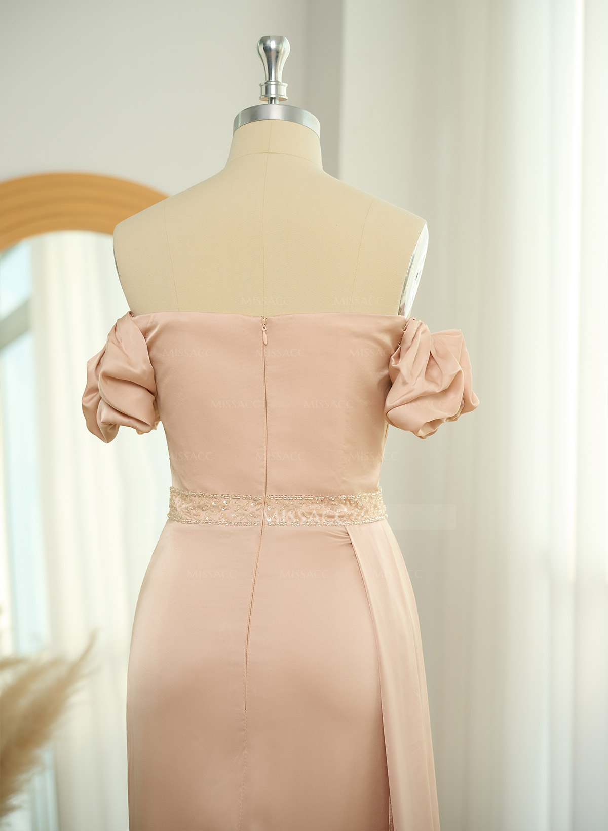 Puffy Off-Shoulder Stretch Satin Bridesmiad Dresses With Sweeping Side Drape