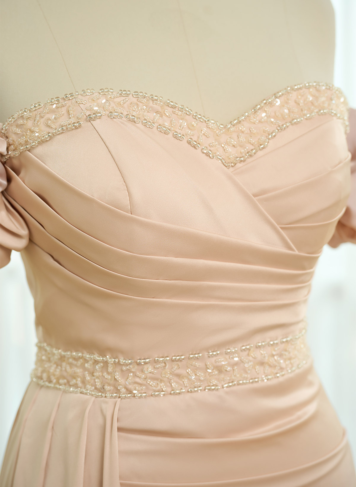 Puffy Off-Shoulder Stretch Satin Bridesmiad Dresses With Sweeping Side Drape