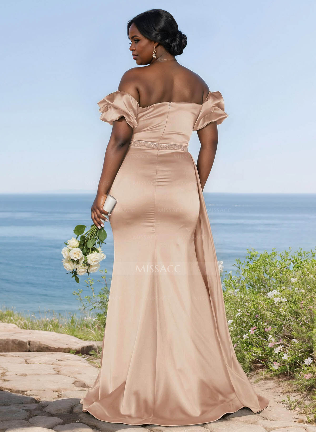 Puffy Off-Shoulder Stretch Satin Bridesmaid Dresses With Sweeping Side Drape