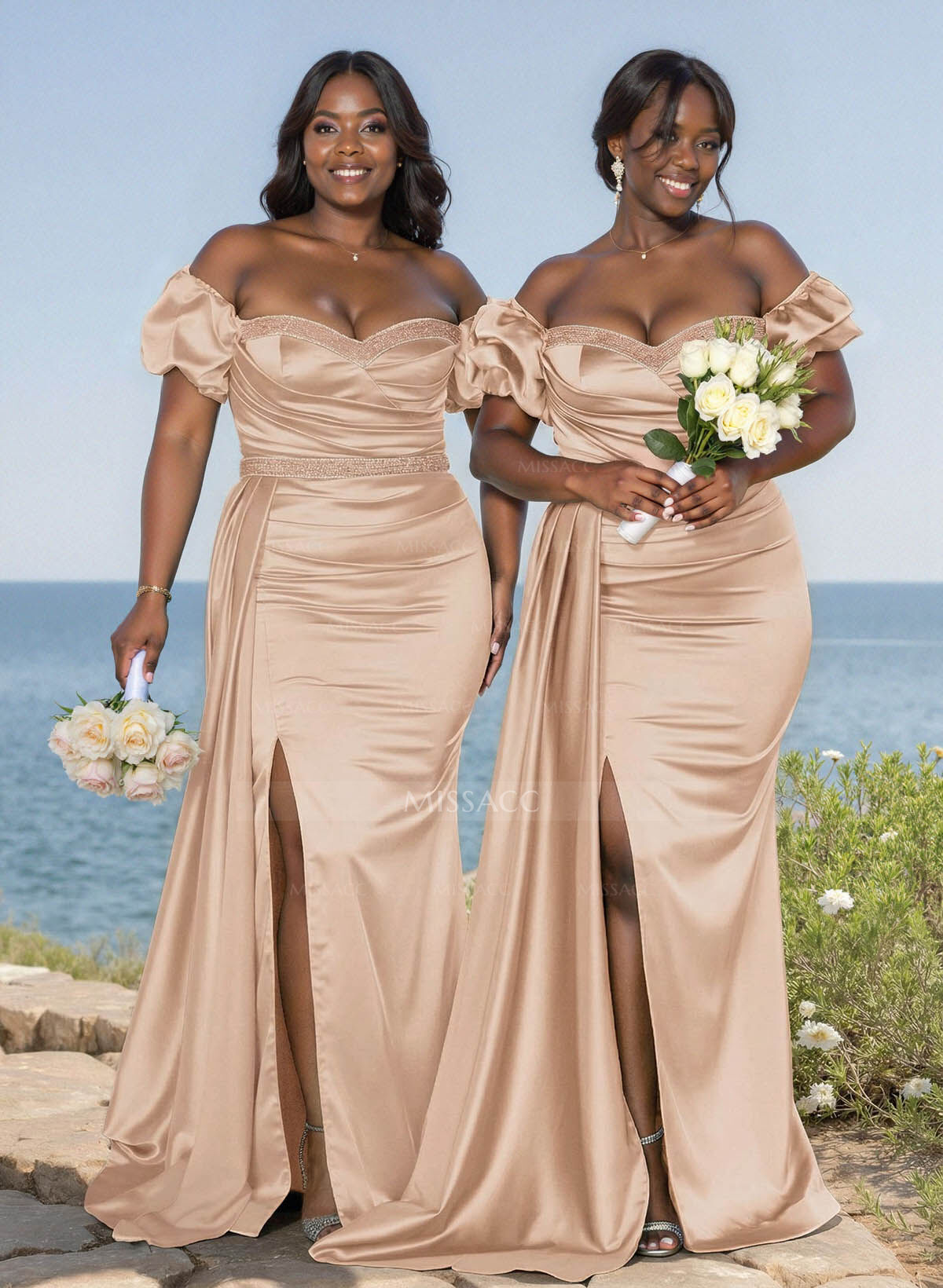 Puffy Off-Shoulder Stretch Satin Bridesmaid Dresses With Sweeping Side Drape