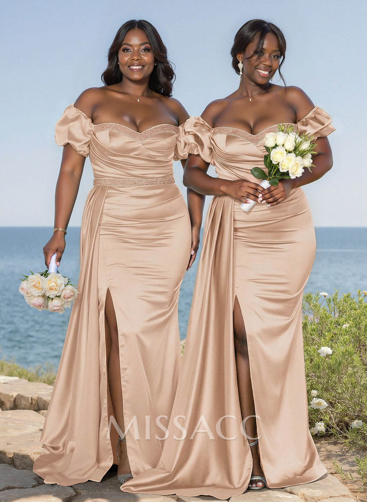Puffy Off-Shoulder Stretch Satin Bridesmaid Dresses With Sweeping Side Drape Puffy Off-Shoulder Stretch Satin Bridesmaid Dresses With Sweeping Side Drape