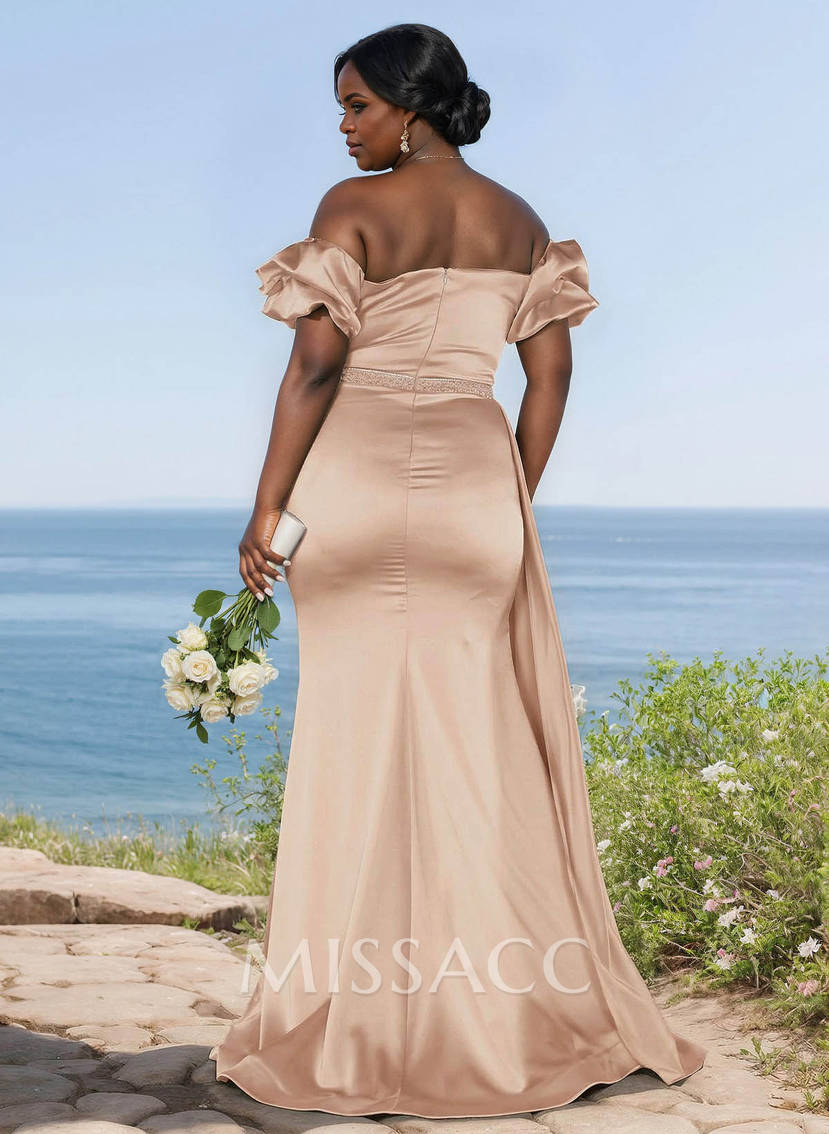 Puffy Off-Shoulder Stretch Satin Bridesmaid Dresses With Sweeping Side Drape Puffy Off-Shoulder Stretch Satin Bridesmaid Dresses With Sweeping Side Drape