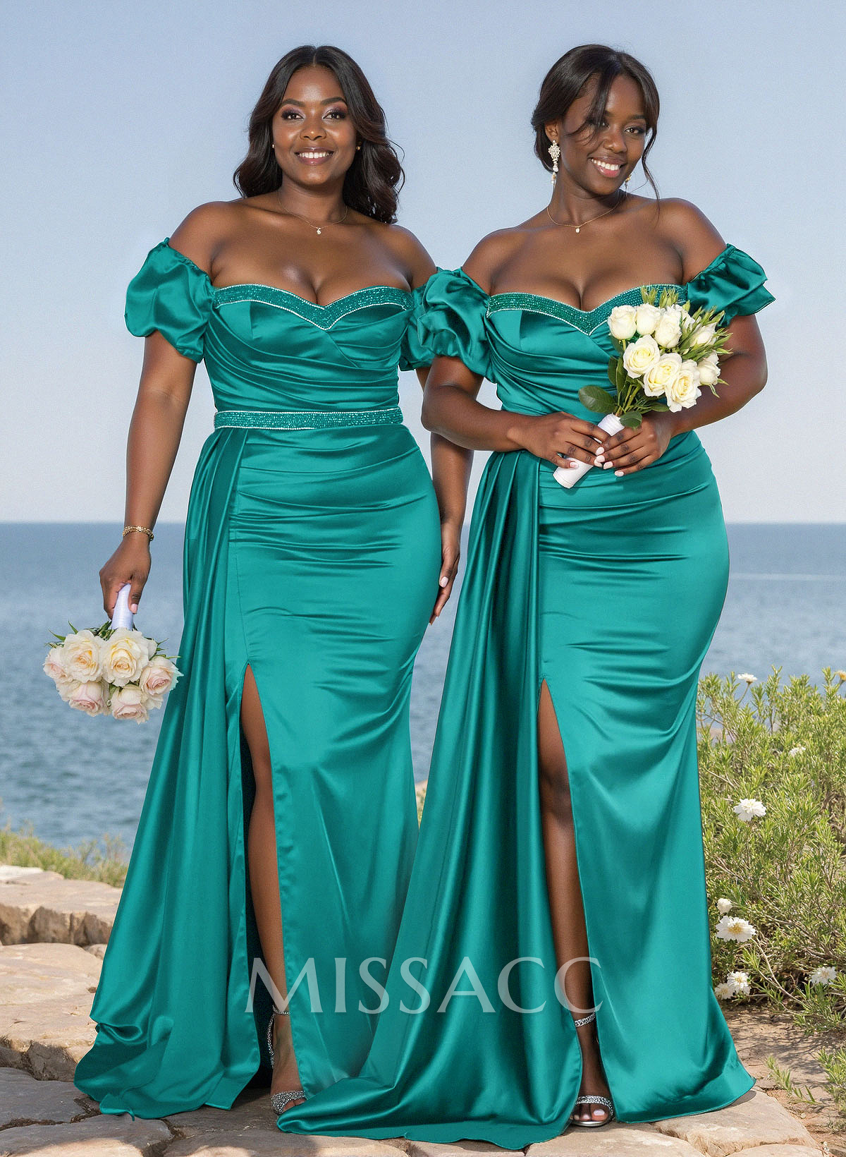 Puffy Off-Shoulder Stretch Satin Bridesmaid Dresses With Sweeping Side Drape Puffy Off-Shoulder Stretch Satin Bridesmaid Dresses With Sweeping Side Drape