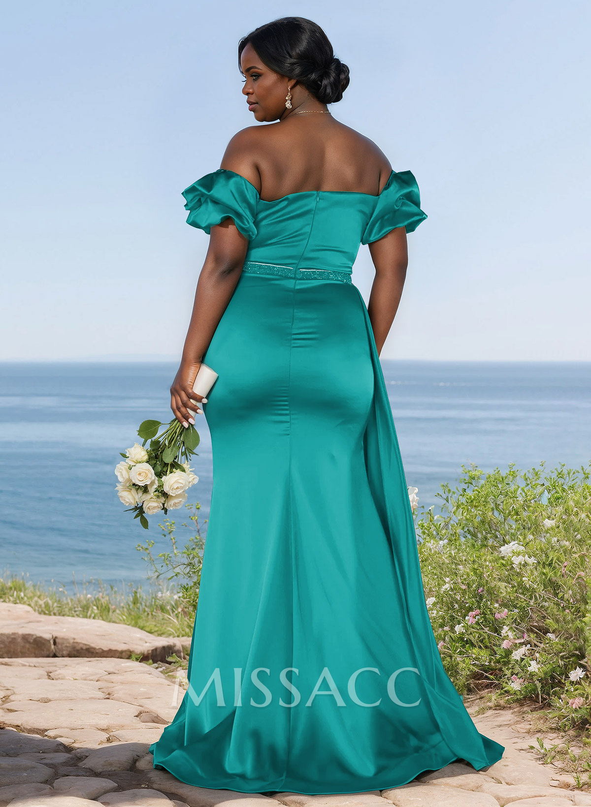Puffy Off-Shoulder Stretch Satin Bridesmaid Dresses With Sweeping Side Drape Puffy Off-Shoulder Stretch Satin Bridesmaid Dresses With Sweeping Side Drape