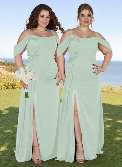 Scoop Neck Cold Shoulder Chiffon Bridesmiad Dresses With Sweeping Side Drape