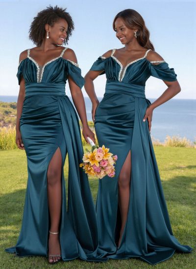 Bedazzled Spaghetti Straps Cold Shoulder Satin Bridesmaid Dresses With High Split