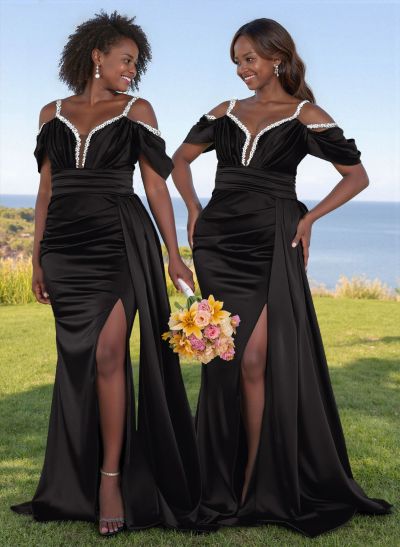 Bedazzled Spaghetti Straps Cold Shoulder Satin Bridesmaid Dresses With High Split