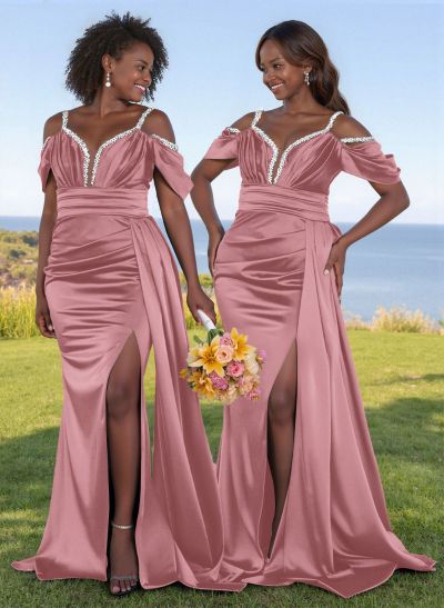 Bedazzled Spaghetti Straps Cold Shoulder Satin Bridesmaid Dresses With High Split