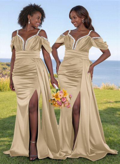 Bedazzled Spaghetti Straps Cold Shoulder Satin Bridesmaid Dresses With High Split