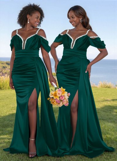 Bedazzled Spaghetti Straps Cold Shoulder Satin Bridesmaid Dresses With High Split
