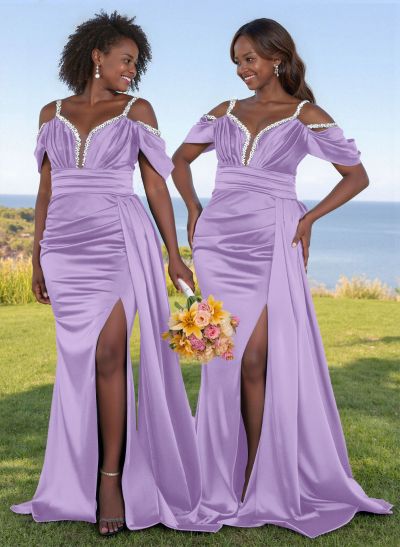 Bedazzled Spaghetti Straps Cold Shoulder Satin Bridesmaid Dresses With High Split