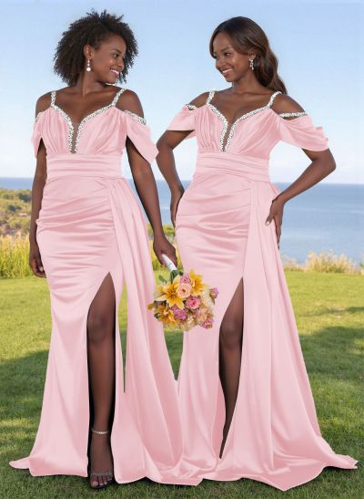 Bedazzled Spaghetti Straps Cold Shoulder Satin Bridesmaid Dresses With High Split