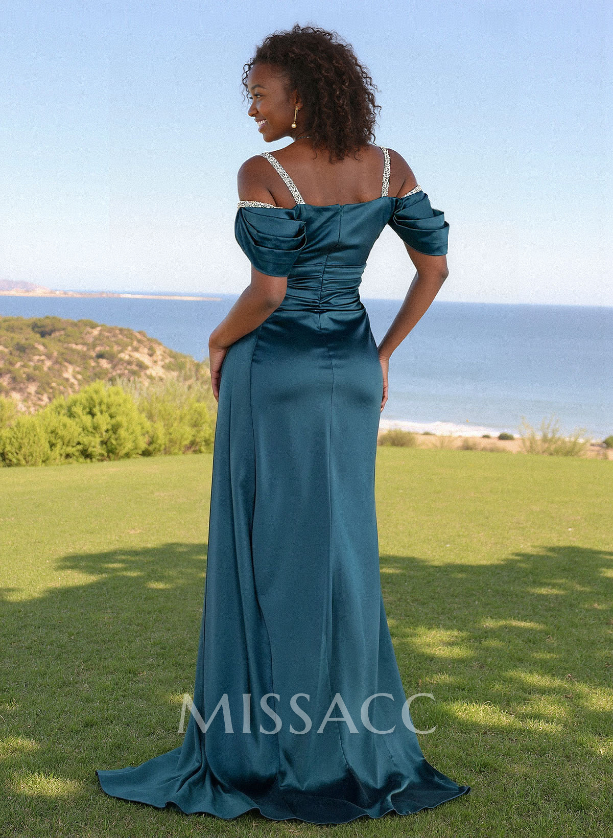 Bedazzled Spaghetti Straps Cold Shoulder Satin Bridesmaid Dresses With High Split