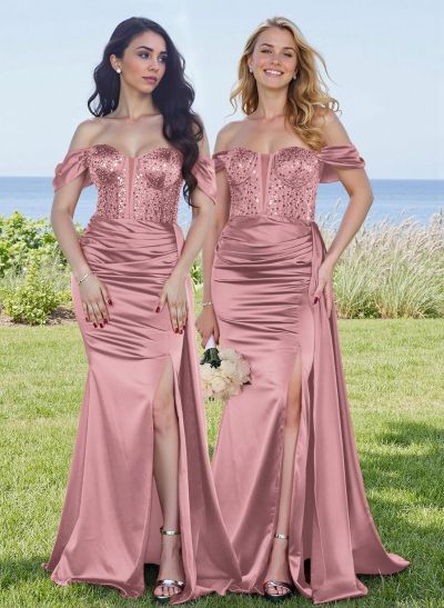 Sparkly Off-The-Shoulder High Split Satin/Sequined Bridesmaid Dress With Sweeping Side Drape