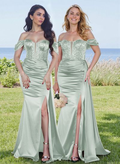 Sparkly Off-The-Shoulder High Split Silk Like Satin/Sequined Bridesmaid Dress With Sweeping Side Drape