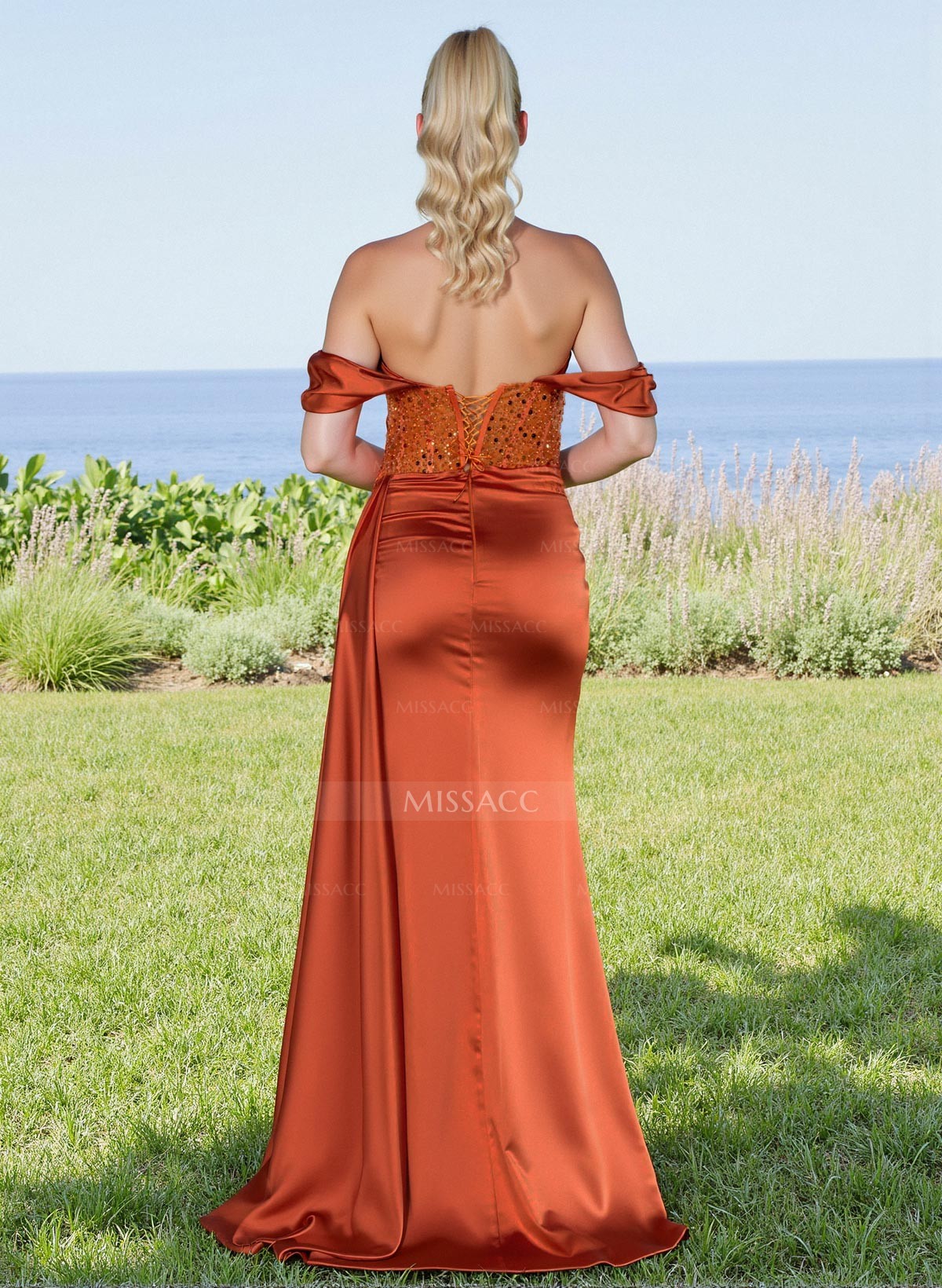 Sparkly Off-The-Shoulder High Split Satin/Sequined Bridesmaid Dress With Sweeping Side Drape