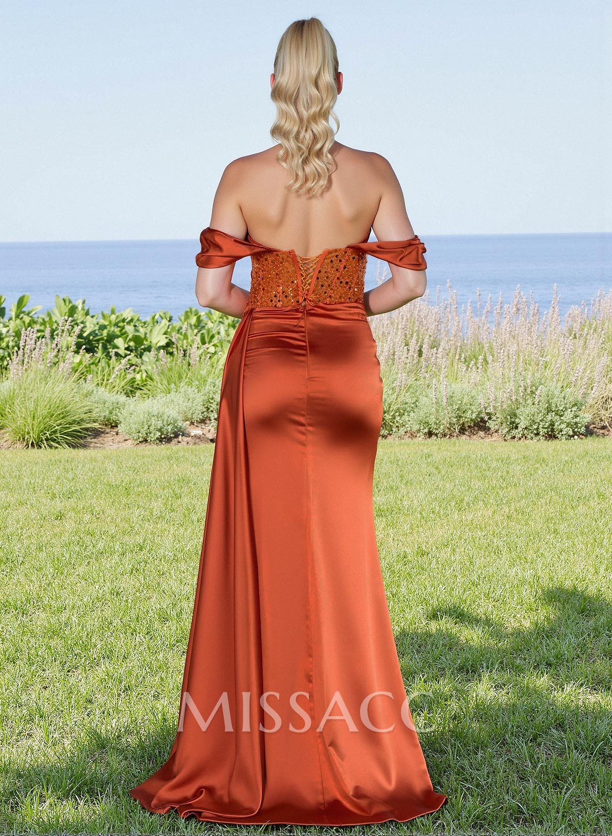 Sparkly Off-The-Shoulder High Split Silk Like Satin/Sequined Bridesmaid Dress With Sweeping Side Drape