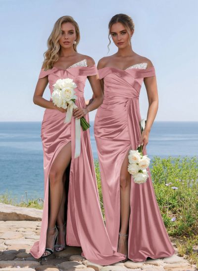 Elegant Ruched Off-The-Shoulder Satin Bridesmaid Dress With Sweeping Side Drape