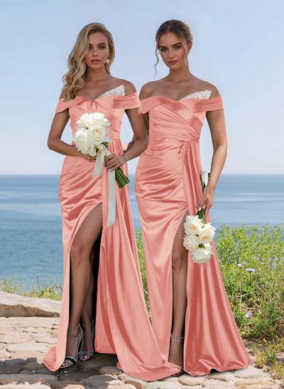 Elegant Ruched Off-The-Shoulder Charmeuse Bridesmaid Dress With Sweeping Side Drape