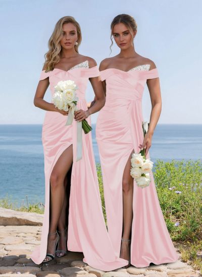 Elegant Ruched Off-The-Shoulder Satin Bridesmaid Dress With Sweeping Side Drape