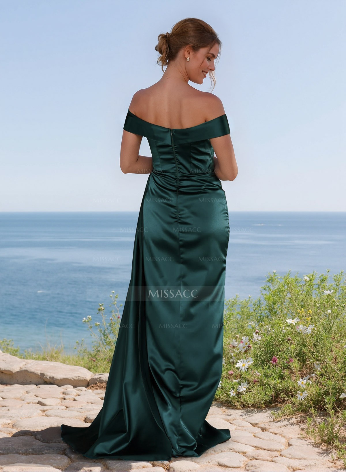 Elegant Ruched Off-The-Shoulder Satin Bridesmaid Dress With Sweeping Side Drape