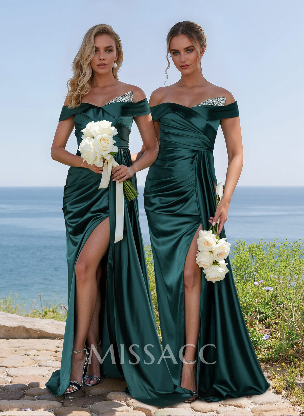 Elegant Ruched Off-The-Shoulder Charmeuse Bridesmaid Dress With Sweeping Side Drape