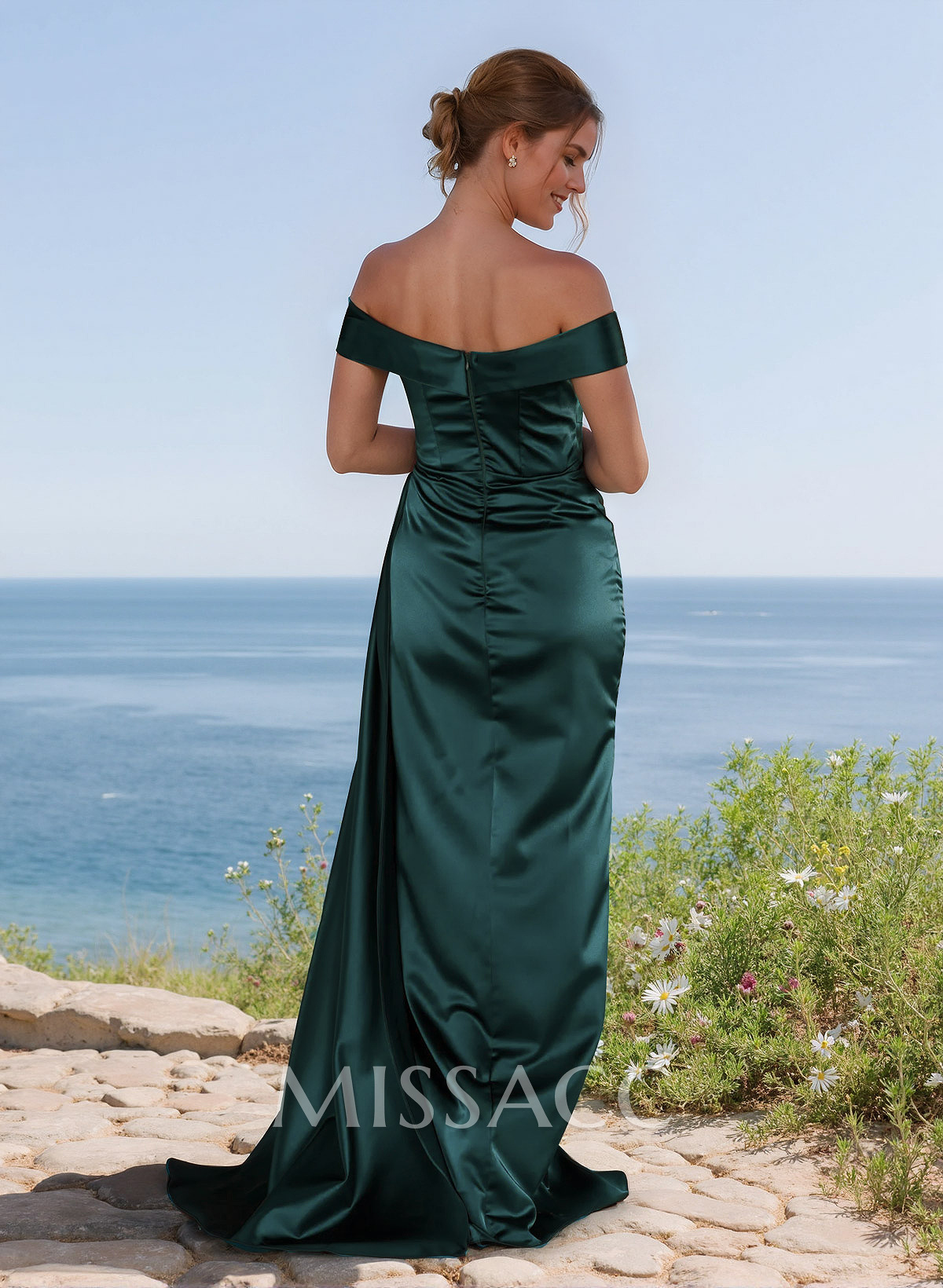 Elegant Ruched Off-The-Shoulder Charmeuse Bridesmaid Dress With Sweeping Side Drape