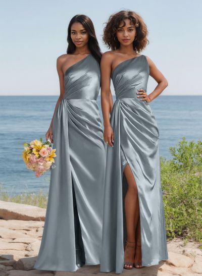 Elegant Ruched One-Shoulder Satin Bridesmaid Dresses With High Split