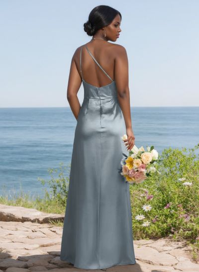 Elegant Ruched One-Shoulder Satin Bridesmaid Dresses With High Split