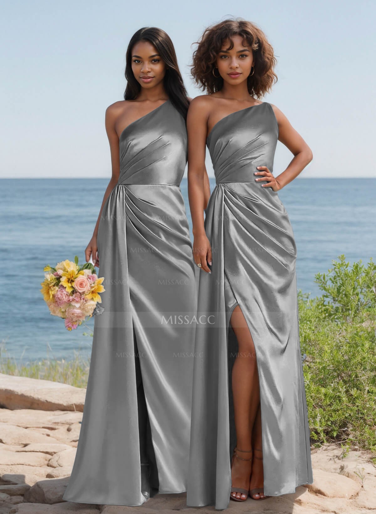 Elegant Ruched One-Shoulder Silk Like Satin Bridesmaid Dresses With High Split