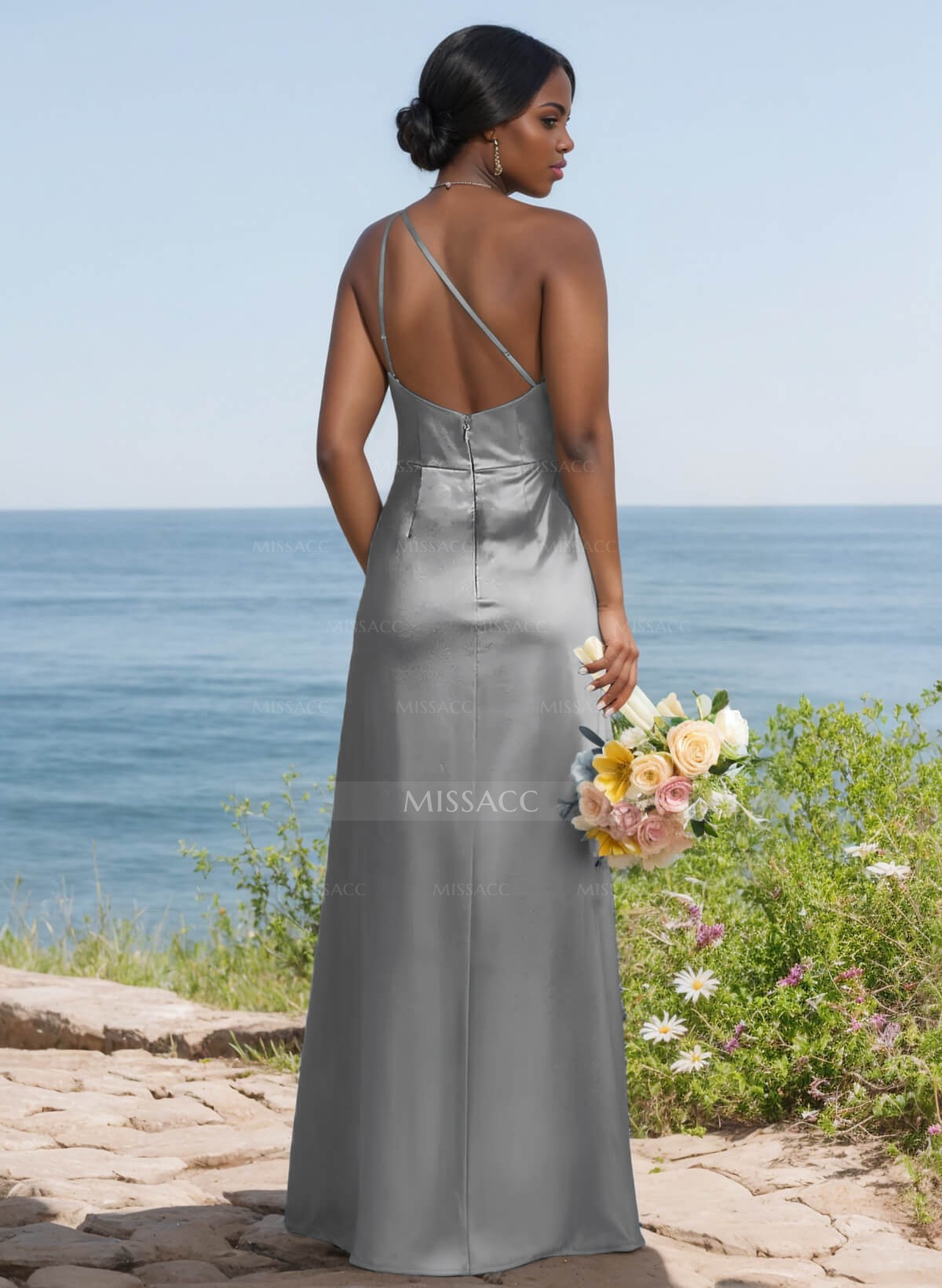 Elegant Ruched One-Shoulder Silk Like Satin Bridesmaid Dresses With High Split