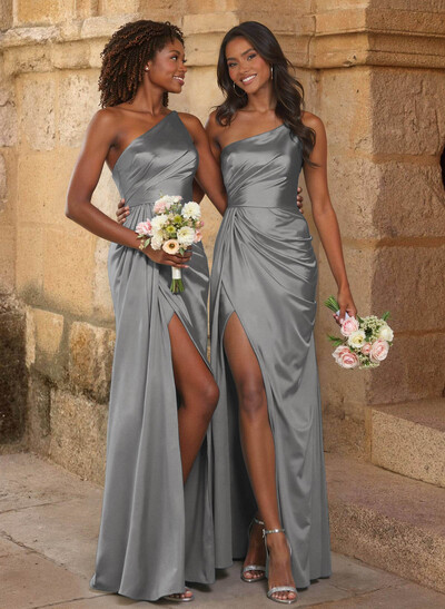 Elegant Ruched One-Shoulder Silk Like Satin Bridesmaid Dresses With High Split