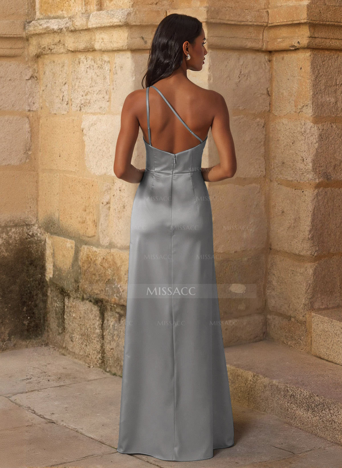 Elegant Ruched One-Shoulder Silk Like Satin Bridesmaid Dresses With High Split