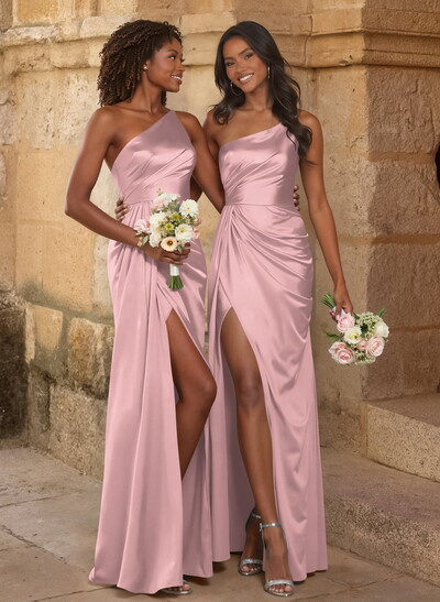 Elegant Ruched One-Shoulder Silk Like Satin Bridesmaid Dresses With High Split