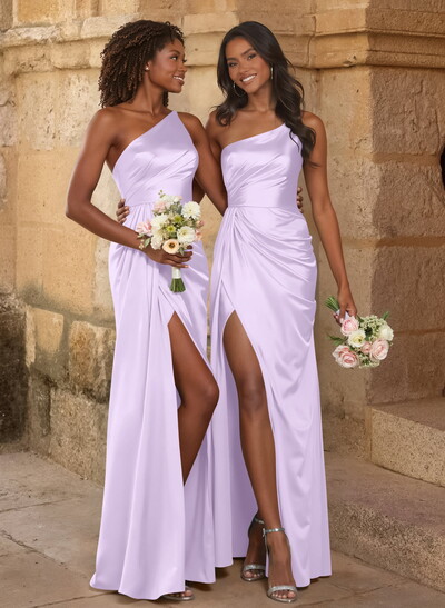 Elegant Ruched One-Shoulder Silk Like Satin Bridesmaid Dresses With High Split