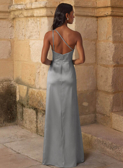 Elegant Ruched One-Shoulder Silk Like Satin Bridesmaid Dresses With High Split