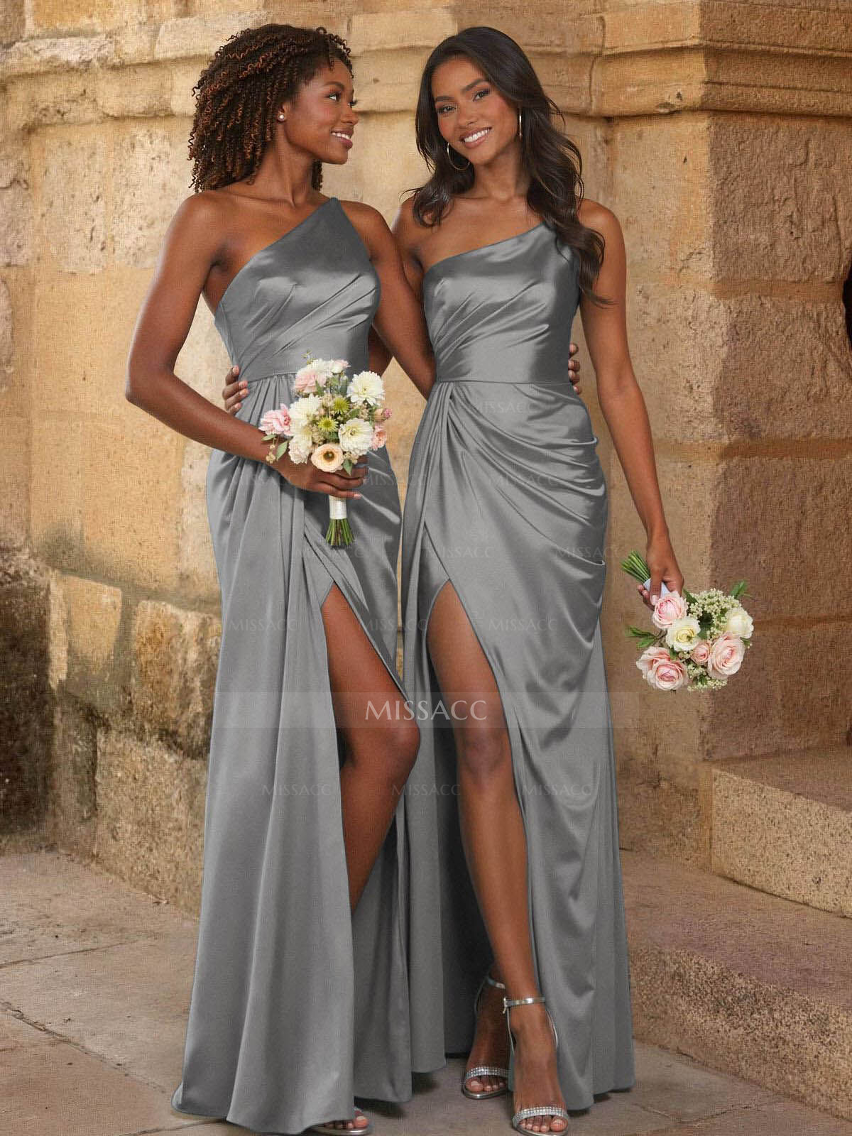 Elegant Ruched One-Shoulder Silk Like Satin Bridesmaid Dresses With High Split Elegant Ruched One-Shoulder Silk Like Satin Bridesmaid Dresses With High Split