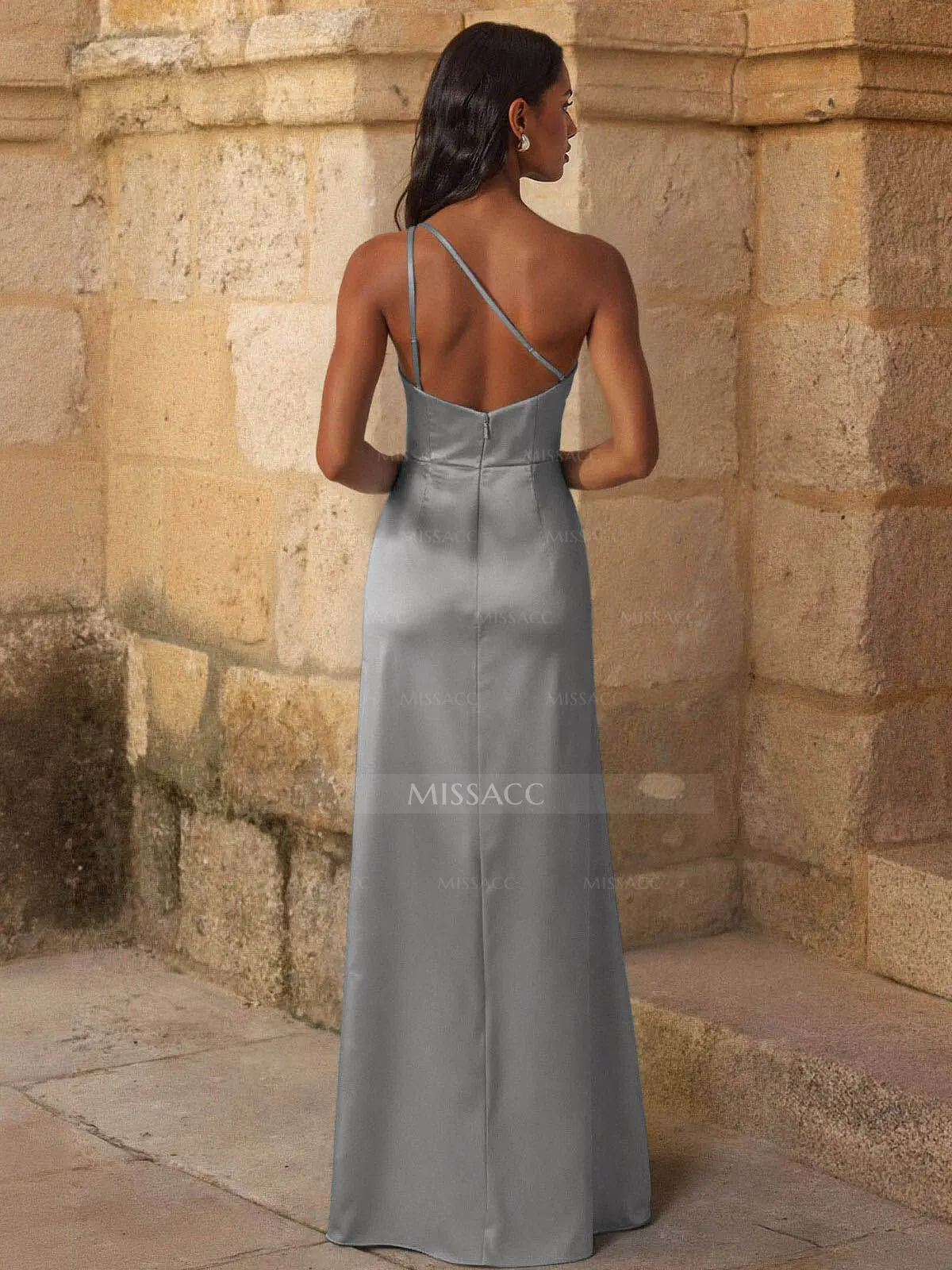 sachin and babi light blue dress Elegant Ruched One-Shoulder Silk Like Satin Bridesmaid Dresses With High  Split