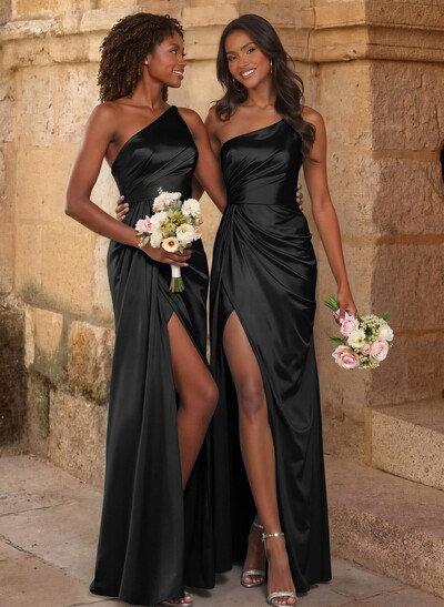 Elegant Ruched One-Shoulder Silk Like Satin Bridesmaid Dresses With High Split