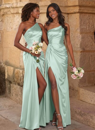 Elegant Ruched One-Shoulder Silk Like Satin Bridesmaid Dresses With High Split