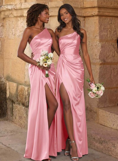 Elegant Ruched One-Shoulder Silk Like Satin Bridesmaid Dresses With High Split