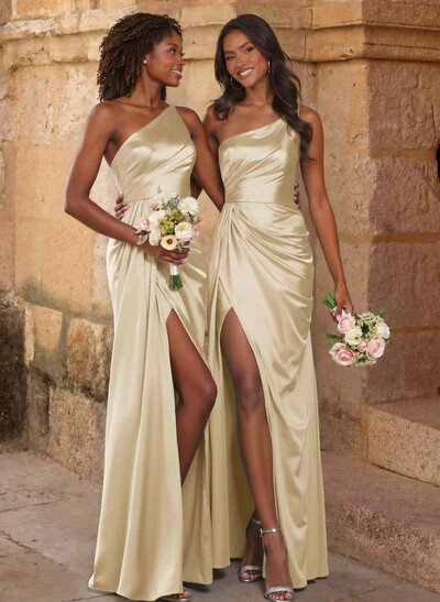 Elegant Ruched One-Shoulder Silk Like Satin Bridesmaid Dresses With High Split