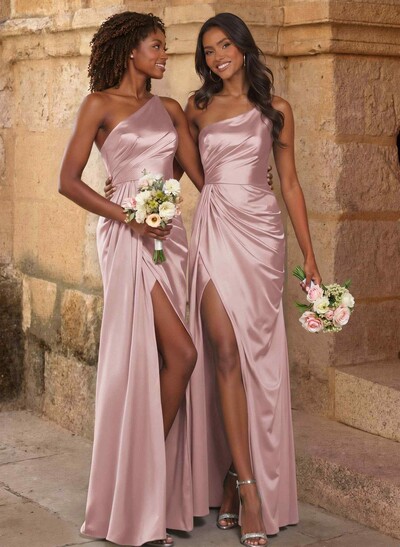Elegant Ruched One-Shoulder Silk Like Satin Bridesmaid Dresses With High Split