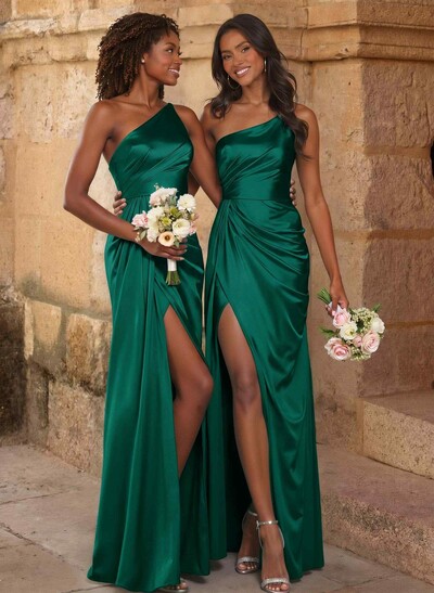 Elegant Ruched One-Shoulder Silk Like Satin Bridesmaid Dresses With High Split