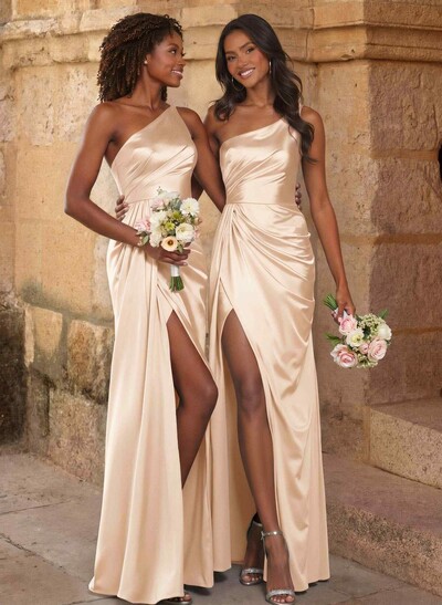 Elegant Ruched One-Shoulder Silk Like Satin Bridesmaid Dresses With High Split
