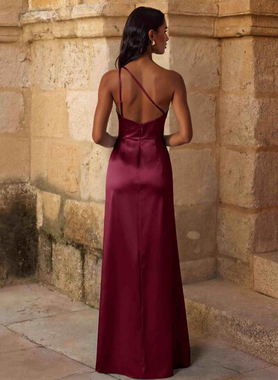 Elegant Ruched One-Shoulder Silk Like Satin Bridesmaid Dresses With High Split