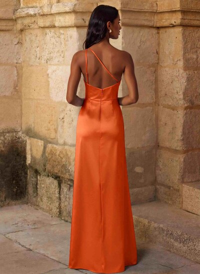 Elegant Ruched One-Shoulder Silk Like Satin Bridesmaid Dresses With High Split