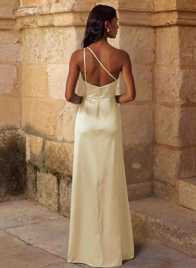 Elegant Ruched One-Shoulder Silk Like Satin Bridesmaid Dresses With High Split